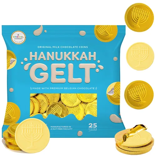 Vista 7 de The Dreidel Company Monedas de chocolate con leche blanca, paquete de 200 monedas de papel de aluminio dorado con diseño de Hanukkah Gelt, Menorá