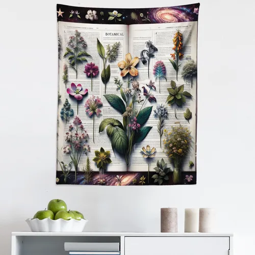 Vista 132 de Ambesonne Tapiz verde, fases lunares alrededor de un árbol de la vida, impresión de diseño bohemio de astrología nocturna, decoración de tela