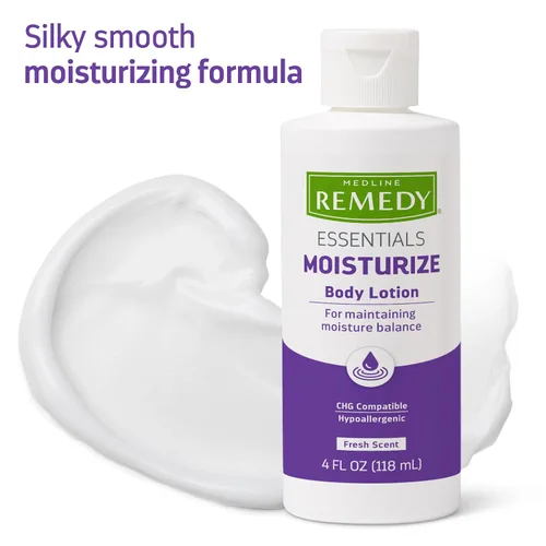 Vista 4 de Medline Remedy Essentials Loción corporal hidratante, aroma fresco, 4 onzas, fórmula nutritiva para el cuidado de la piel, hipoalergénica, paquete