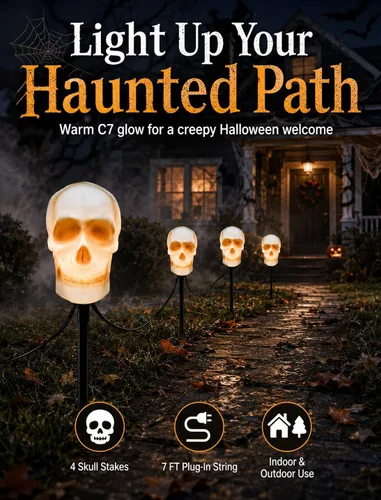 Vista 8 de Luces de estaca C7 de Halloween con calavera, 7 pies, cadena de luces de camino de Halloween con 4 bombillas C7, estaca, decoraciones de Halloween