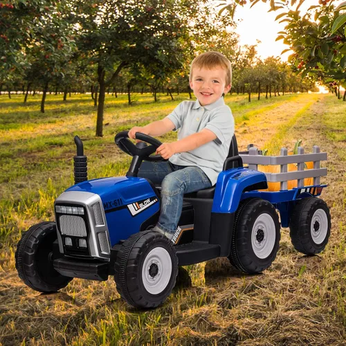 Vista 2 de Nasitip Tractor eléctrico con batería de 12 V con remolque y control remoto Azul