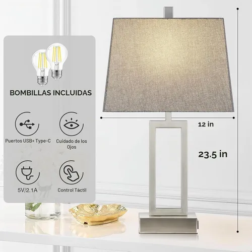 Vista 4 de Lolikit Lámparas de mesa con control táctil de 23.5 pulgadas, lámpara de noche de metal para dormitorio, juego de 2 con puertos USB A+C y salida