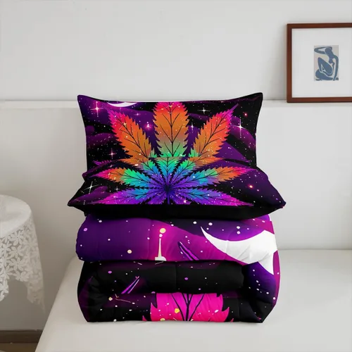 Vista 5 de Erosebridal Juego de edredón de hojas de cannabis, juego de ropa de cama de marihuana con estampado colorido de plantas, decoración bohemia de 2