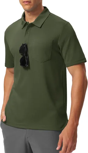 Vista 2 de BGOWATU Polo de golf para hombre, manga corta, cuello para tenis al aire libre Verde militar