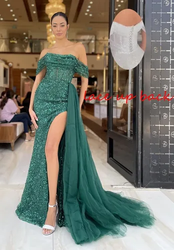 Vista 2 de Vestidos de graduación de sirena con lentejuelas y abertura 2023 con hombros descubiertos, vestidos de noche formales de tul para mujer