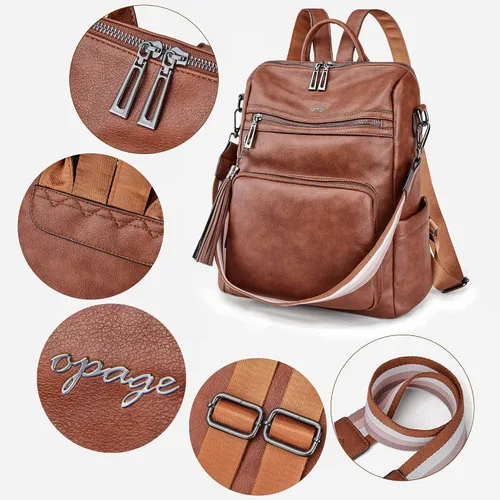 Vista 21 de OPAGE - Mochila de cuero para mujer, con borla de moda, bolso de hombro, mochila grande, bolsa de viaje, gris, L