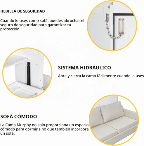 Vista 6 de MERITLINE Cama Murphy horizontal completa con sofá y estantes de almacenamiento, luz LED, madera maciza que ahorra espacio, cama de pared Murphy