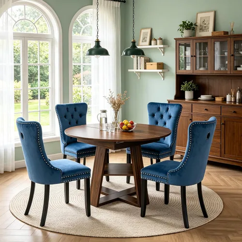 Vista 10 de Juego de 4 mesas de comedor redondas de 5 piezas para 4, 43.3 a 59 pulgadas, extensibles, redondas a ovaladas, juego de 4, mesas de comedor de Mesa