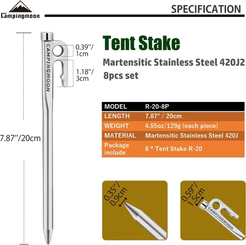 Vista 2 de CAMPINGMOON 7.87 pulgadas 8 piezas de acero inoxidable martensítico 420J2 endurecido forjado estaca estaca estaca de potencia ideal para suelo duro