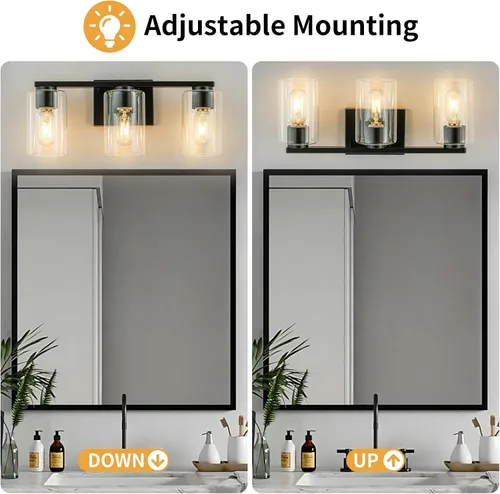 Vista 6 de WILON Lámpara de tocador de baño, 3 luces de tocador modernas de color negro claro con apliques de pared de vidrio transparente con vidrio