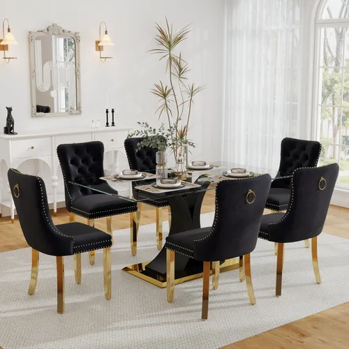 Vista 28 de Juego de comedor de cristal moderno de lujo de 7 piezas, juego de cena rectangular minimalista grande para 6, mesa de cocina de cristal transparente