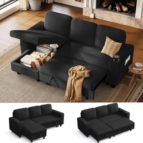 Vista 19 de LINSY HOME - Sofá seccional con cama extraíble y sofá cama deslizable, sofá convertible de pana mullida tipo nube con chaise de almacenamiento