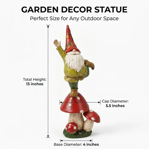 Vista 4 de DUSVALLY Estatua de gnomo de jardín de 13 pulgadas con base de hongo, decoración de gnomo de resina caprichosa para exteriores, patio, césped