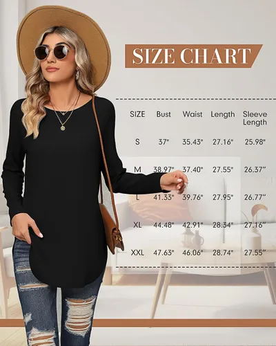 Vista 6 de Ficerd 2 Pack Women's Long Sleeve Shirts, Loose Fit Crew Neck Tunic Tops Loose Fit Side Split Basic Pullover Tee Shirts