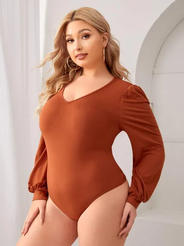 Vista 5 de Milumia Body básico ajustado con cuello en V y manga de farol, talla grande para mujer