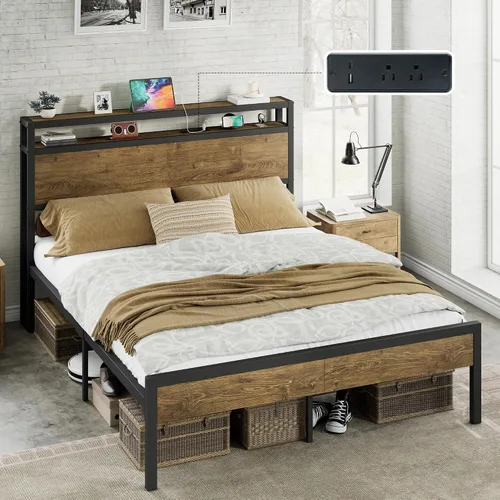 Vista 20 de AMERLIFE Base de cama tamaño Queen con cabecera de almacenamiento y estación de carga, cama de plataforma de metal industrial con gran Negro