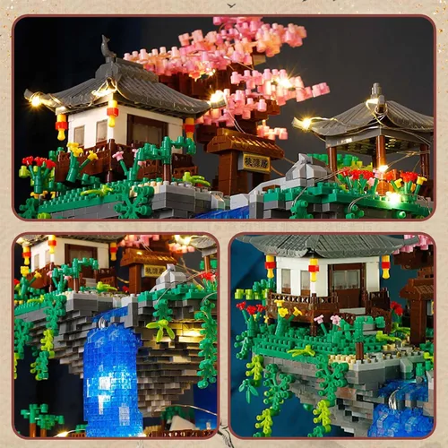 Vista 4 de Vziimo Juego de micro bloques de construcción de árbol bonsái de cerezo, arquitectura china, kits de estanque de flor de melocotón, árbol de sakura