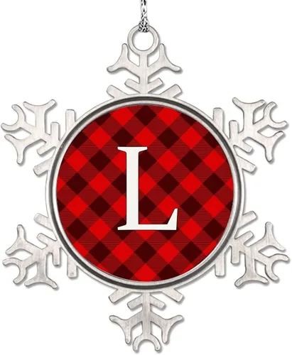 Vista 19 de Adorno de copo de nieve de letra A con inicial de copo de nieve, adorno de monograma a cuadros rojos para decoración de árbol de Navidad, adornos