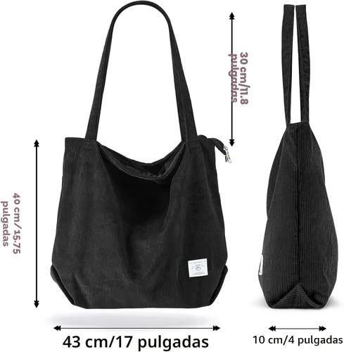 Vista 4 de KALIDI Bolsa Tote de Pana para Mujer con Cremallera Bolsa de Mano Casual Tote Bolsa de Hombro de Gran Capacidad con Bolsillos 1 negro y 1 blanco.