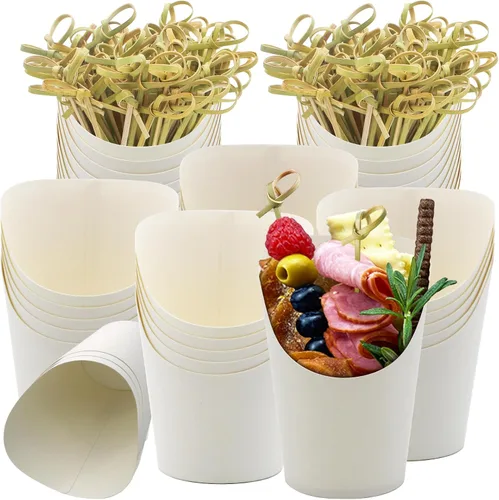 Vista 9 de BLUE TOP Juego de 30 tazas + 100 palillos de comida con juego de brochetas de alimentos, taza de papel de piel de vaca de 12 onzas, con juego