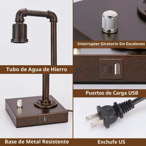 Vista 4 de Lámpara de mesa industrial para dormitorio, lámpara de noche completamente regulable con puertos USB C+A, lámpara vintage con diseño de tubo