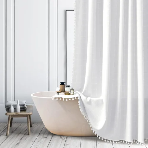 Vista 15 de Cortina de ducha de tela de estilo granja con rayas negras, cortina de baño bohemia de patchwork de gingham, cortina de baño rústica y elegante