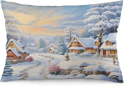 Vista 21 de Funda de almohada con escena de pueblo navideño con niños, fundas de almohada de 12 x 20 pulgadas, almohadas decorativas de Navidad para sofá, funda