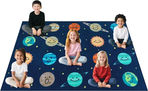 Vista 14 de STARUIA Alfombra de aula con cara sonriente de planeta, 5 x 7.6 pulgadas, alfombra educativa circular para aula, preescolar, guardería, alfombra