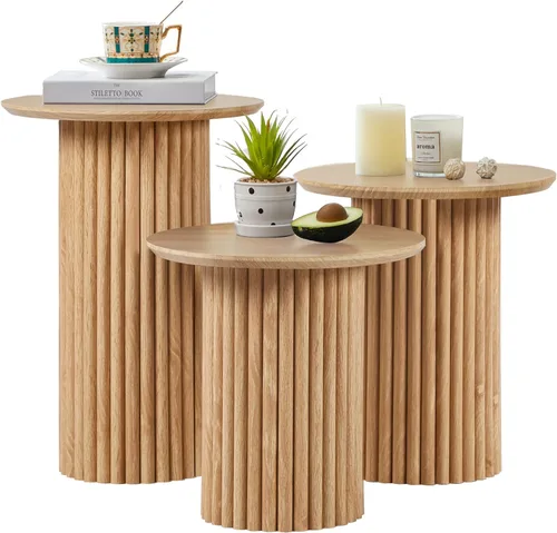 Vista 10 de Bifins Juego de 3 mesas redondas anidadas, mesa de café y mesa auxiliar de estilo Mid Century Modern con estrías, mesa lateral pequeña de madera