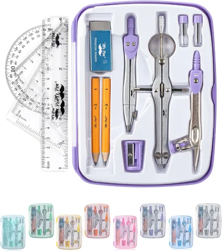 Vista 12 de Mr. Pen- Geometry Set, 13 pcs, 3 Metal Compasses, Protractor, 6" Ruler 45° & 30°/60° Set Squares, Pencils, Lead Refills, Sharpener & Eraser for