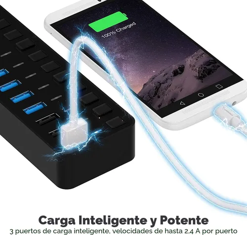 Vista 4 de SABRENT Hub USB 3.0 alimentado de 10 puertos, 3 puertos de carga, 60 W