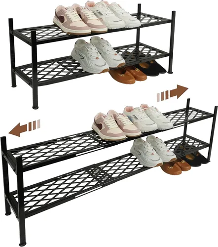 Vista 10 de Zapatero expandible organizador de zapatos de metal, 2 niveles apilable largo soporte de almacenamiento de zapatos para armario, piso, entrada