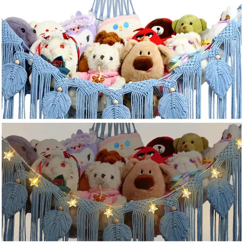 Vista 7 de Hamaca de animales de peluche, red de peluche en la esquina para almacenamiento de animales de peluche, red montada en la pared, organizador de Azul