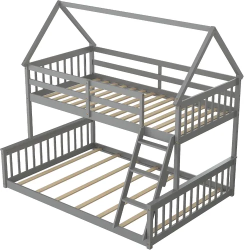 Vista 9 de KOMFOTT - Litera doble de madera con cama individual sobre cama tamaño full con escalera incorporada, marco de litera de madera de pino macizo