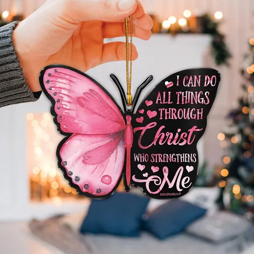 Vista 5 de Talataca Mariposa rosa con texto en inglés "I Can Do All Things Through Christ Strengthens Me" 2D Flat Car Rear View Mirror Accessories Christmas