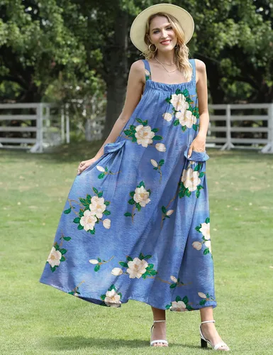 Vista 7 de YESNO Vestido largo para mujer con bolsillos, estilo bohemio de verano con correa ancha ajustable con botones, E96