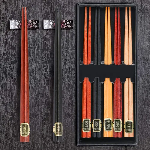 Vista 7 de BENBO - Juego de palillos japoneses de madera, 10 pares de palillos de madera natural con cajas de madera tallada a mano, reutilizable, minimalista