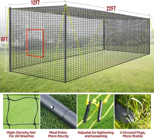 Vista 2 de PLAYAPUT Jaula de bateo portátil de béisbol y sóftbol, 22 pies x 12 pies x 8 pies, red de bateo con agujero para máquina de lanzar, puerta