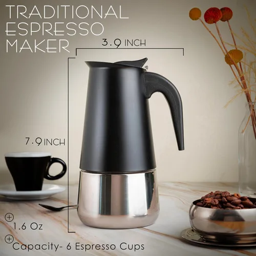 Vista 6 de Mixpresso Cafetera Espresso Greca Negra para Estufa de 6 Tazas 300ml/10oz, Olla Moka con Diseño de Percolador de Café, Cafetera de Acero Inoxidable