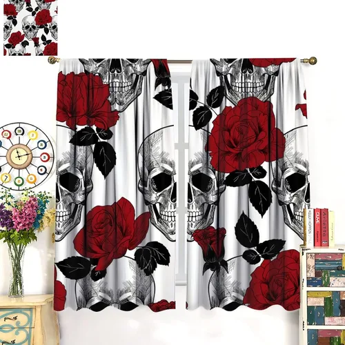 Vista 3 de Cortinas de cabeza de calavera, calavera blanca y rosas rojas con ramas y hojas negras, cortinas opacas decorativas para sala de estar, dormitorio