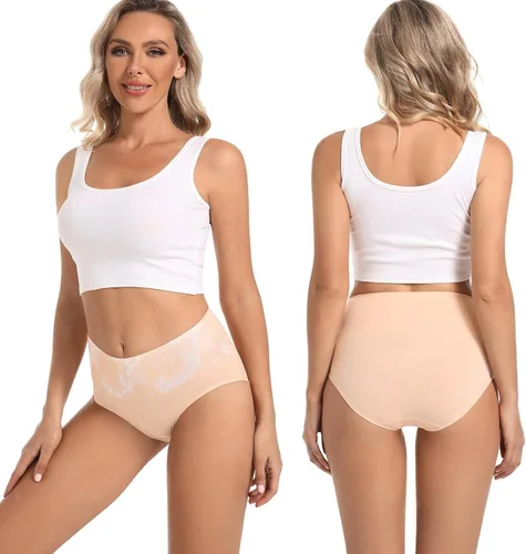 Vista 4 de HAVVIS - Ropa interior de cintura alta y de algodón para mujer, que disimula la barriga, jacquard con rosas, paquete múltiple