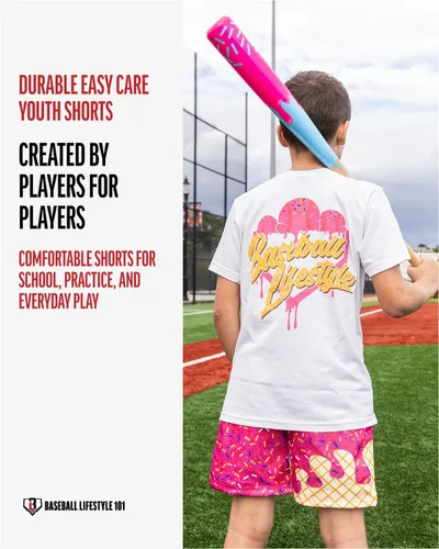 Vista 6 de Baseball Lifestyle 101 Ice Cream - Pantalones cortos de malla para jóvenes, fresa, entrepierna de 5 pulgadas, bolsillos laterales, cintura elástica