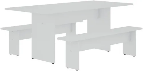 Vista 16 de Manhattan Comfort Nomad - Juego de comedor de 3 piezas para 6 personas con mesa de cocina moderna y 2 bancos, muebles de granja con acabado de grano