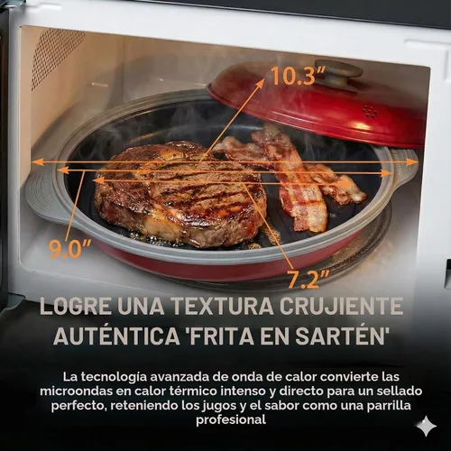 Vista 2 de MACONEE - Sartén para microondas con parrilla Parrilla, plancha y sartén para microondas con tapa para asar, dorar y crujir alimentos. Utensilios
