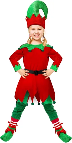 Vista 4 de Syhood 4Pcs Girl Christmas Elf Costume Santa's Helper Costume Elf Outfit Dress with Elf Hat Shoes Belt Striped Stocking