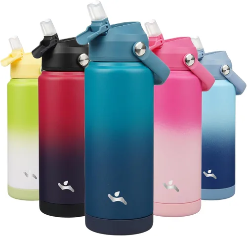 Vista 47 de Konokyo Botella de agua aislada con tapa de pajilla, botella de metal al vacío de acero inoxidable de 18 onzas con mango de silicona, color negro