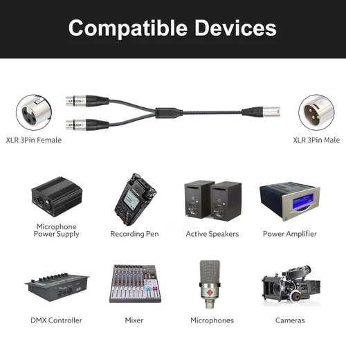 Vista 5 de Devianl XLR y Splitter - Cable divisor XLR y 2 hembra a 1 macho, equilibrado de doble hembra a macho, adaptador de cable de micrófono combinador, 2
