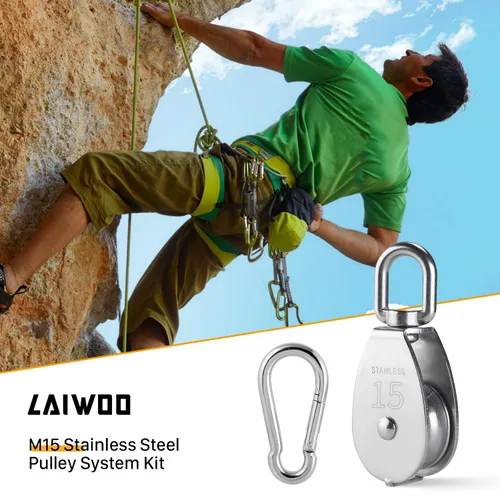 Vista 6 de LAIWOO M15 Kit de Sistema de Poleas de Acero Inoxidable - Rueda de Polea de Servicio Pesado, Bloque de Polea con Cuerda de Nylon, Ganchos, Placa