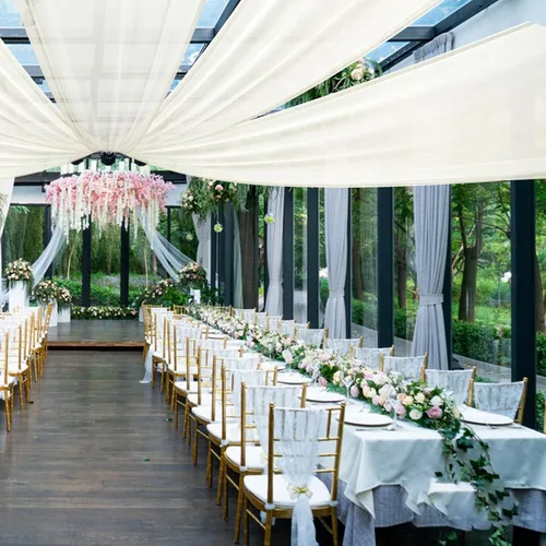 Vista 3 de Cortinas de techo de gasa, 6 paneles de 5 x 15 pies, cortinas de techo beige para boda, tela transparente, cortinas decorativas para eventos