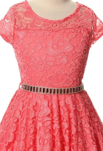 Vista 35 de Little Girl - Vestido de niña con manga de encaje y cinturón de piedras